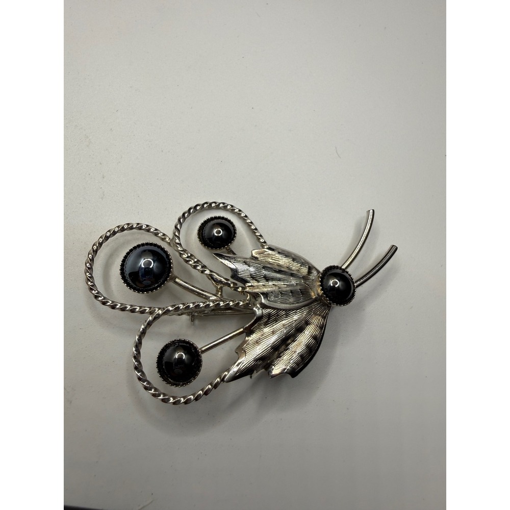 Vintage Silver Tone Black Cabochon Botanical Leaf‎ Brooch Pin Mid Century Style